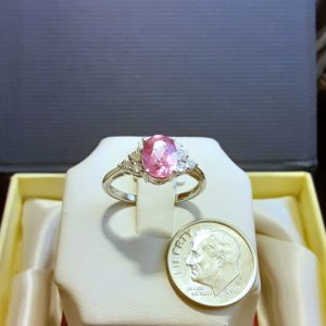Sterling Silver Created Pink Sapphire and Diamond Ring Size 7